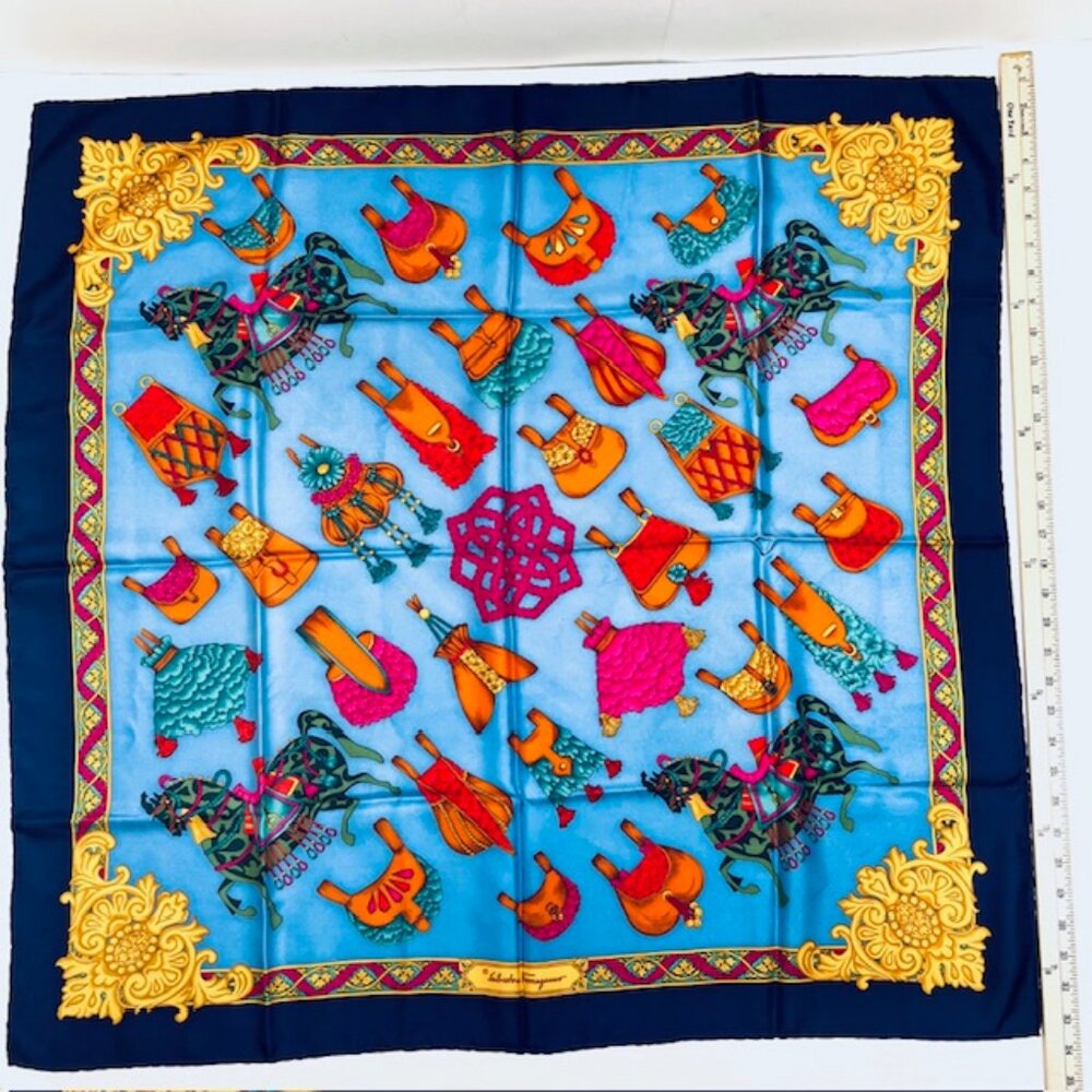 Salvatore Ferragamo Silk Scarf Satin blue gold green pink Carousel hourse (42) - Picture 9 of 9